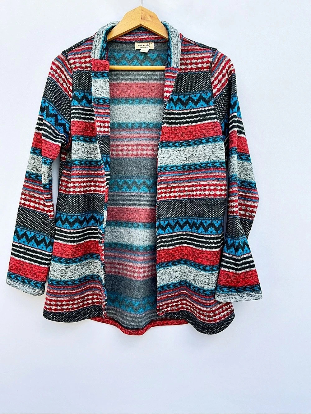 Energe by OneWorld Geometric Open Front Sweater in Red & Blue